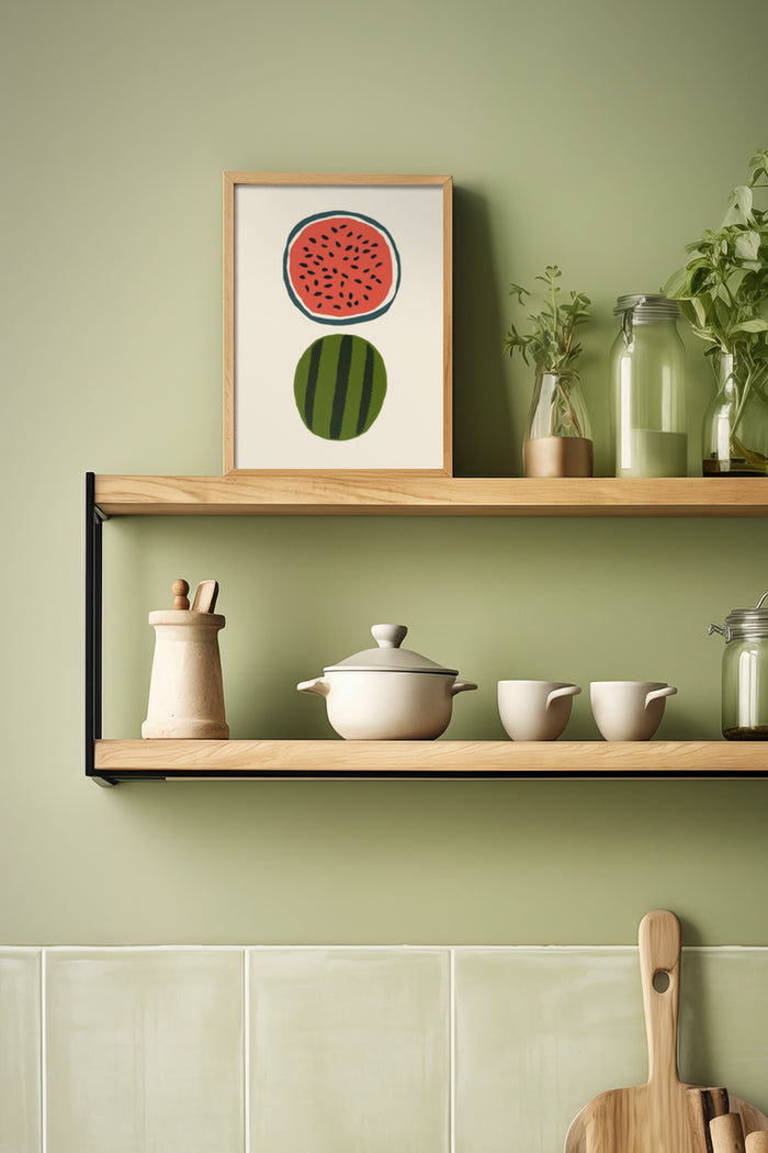 Stylish kitchen interior design with abstract watermelon art poster on wall shelf alongside elegant dishware