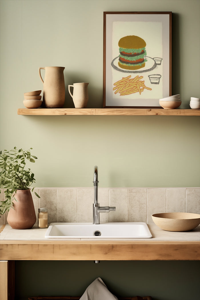 Contemporary kitchen interior with a framed poster of a hamburger and fries on the wall