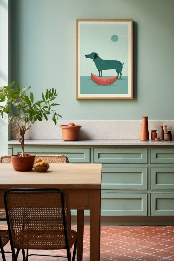 Contemporary kitchen interior design with a framed poster of a dog standing on a watermelon slice