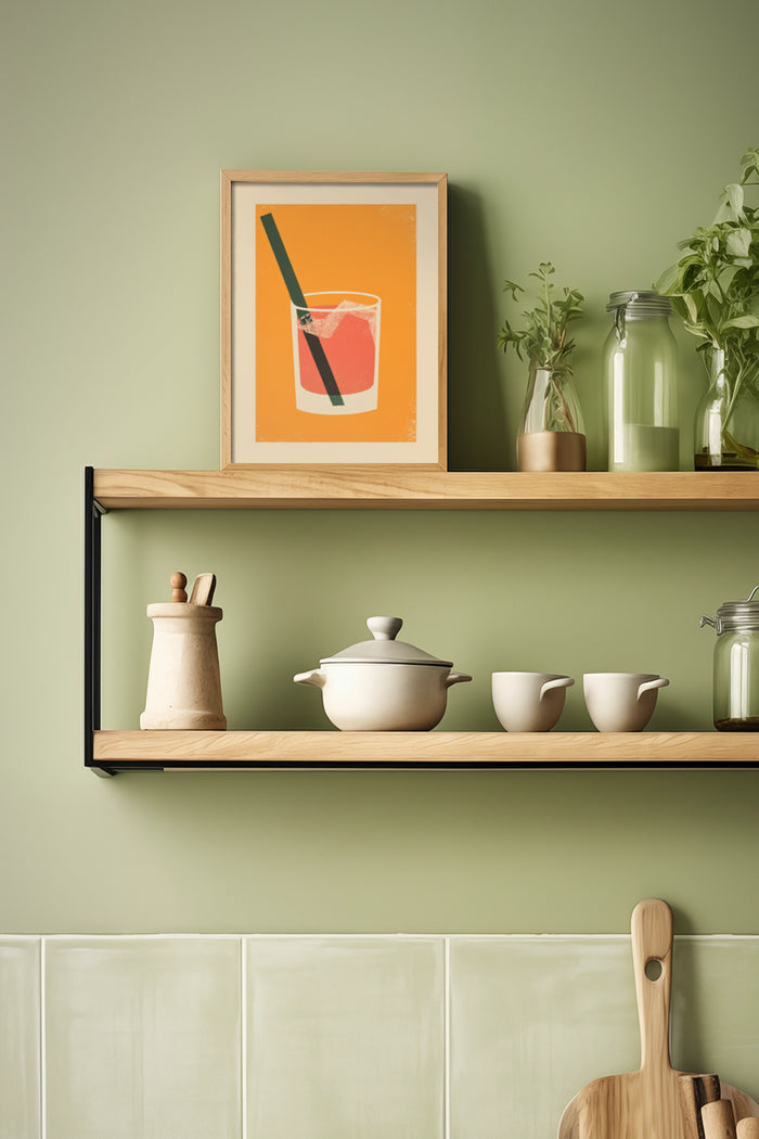Stylish kitchen interior with framed poster of drink above shelf with pottery and plants