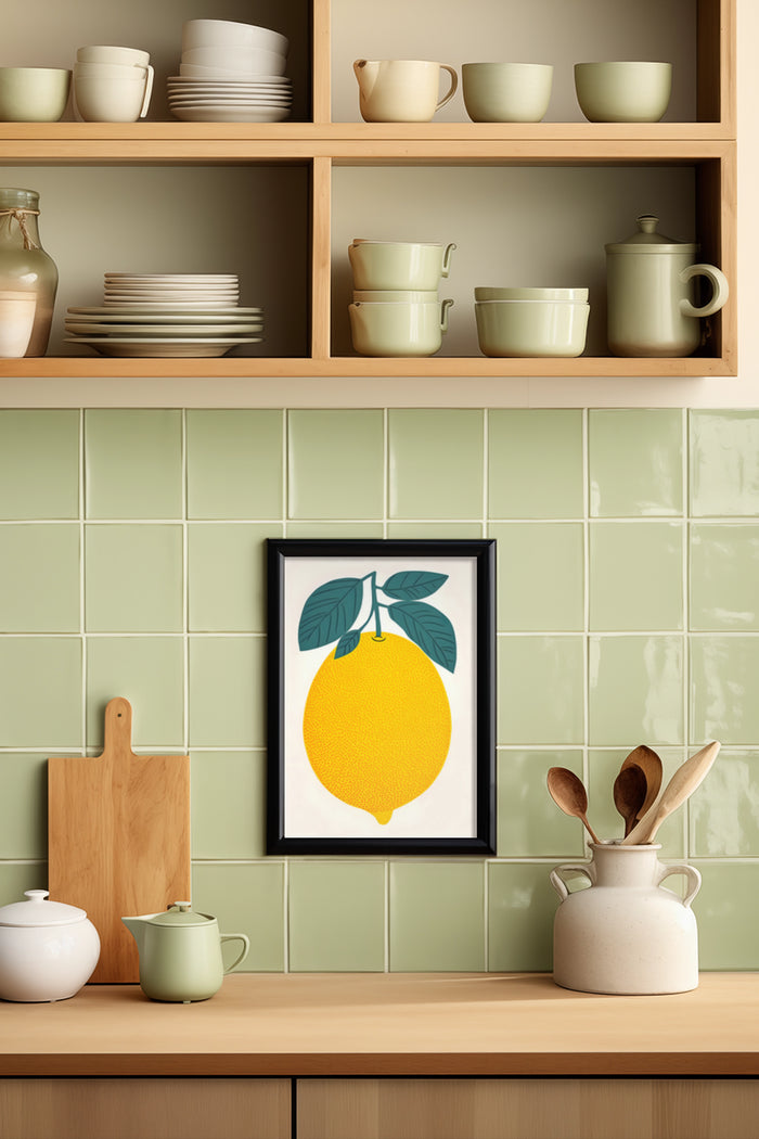 Stylish kitchen interior with lemon illustration poster on wall