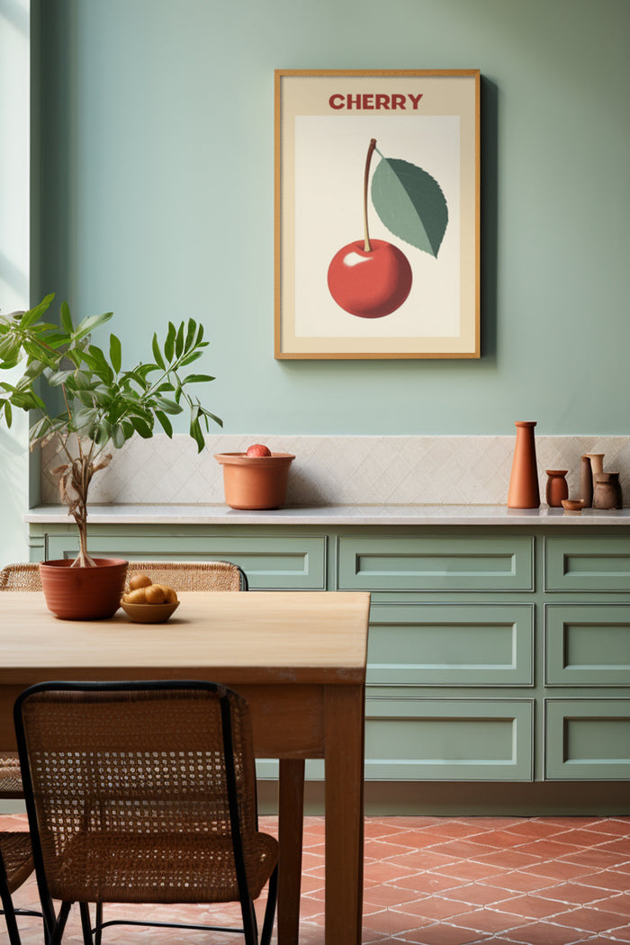 Stylish modern kitchen with mint green cabinets and a wall art poster featuring a cherry