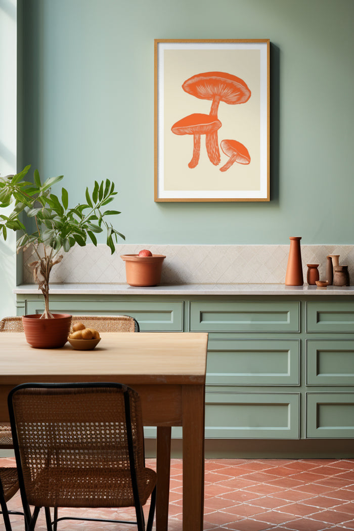 Stylish kitchen interior with sage green cabinetry featuring a framed poster of mushroom illustrations