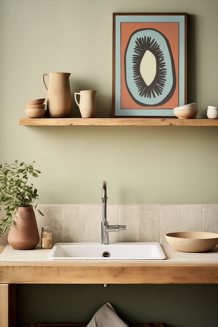 Stylish modern kitchen setup with earth-tone pottery and wooden elements showcasing an abstract framed poster on the wall