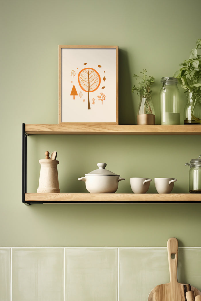 Stylish kitchen shelf with modern abstract tree artwork framed poster, ceramic dinnerware, and glass jars with herbs