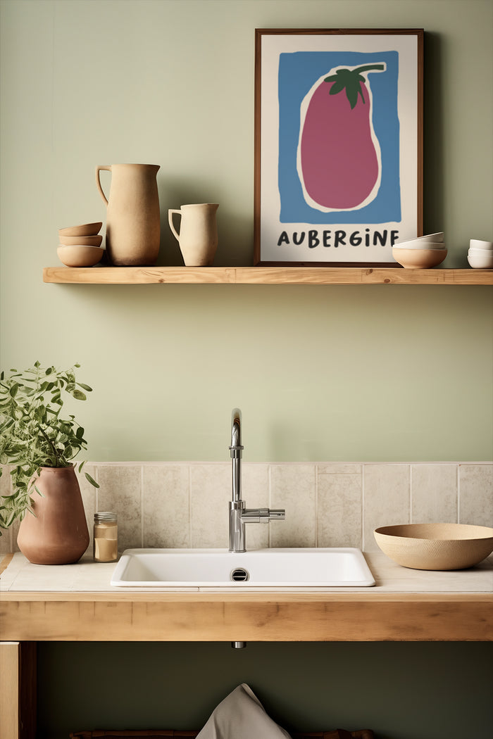 Stylish kitchen interior with minimalist aubergine poster design on wall