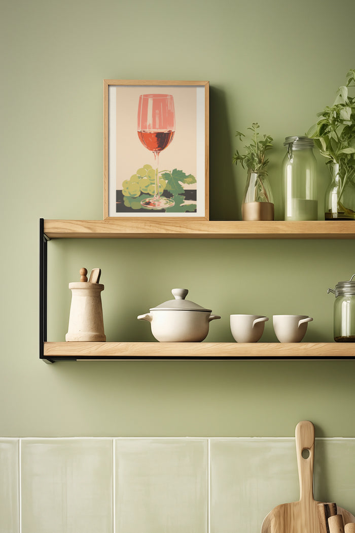 Vintage style poster of red wine glass in modern kitchen setting with wooden shelves and ceramic kitchenware