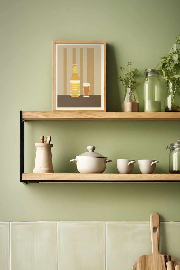 Minimalistic beer bottle and glass poster on kitchen shelf with plants and ceramics