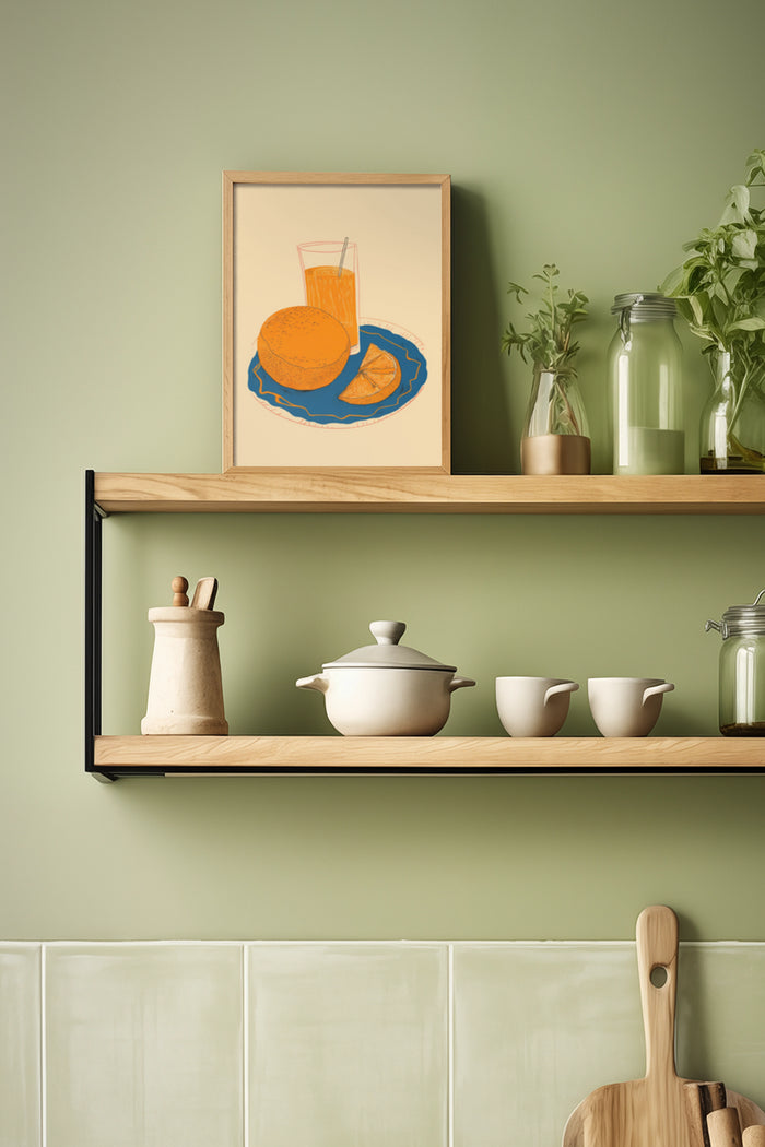 Stylish framed poster of orange juice and fruit on kitchen shelf