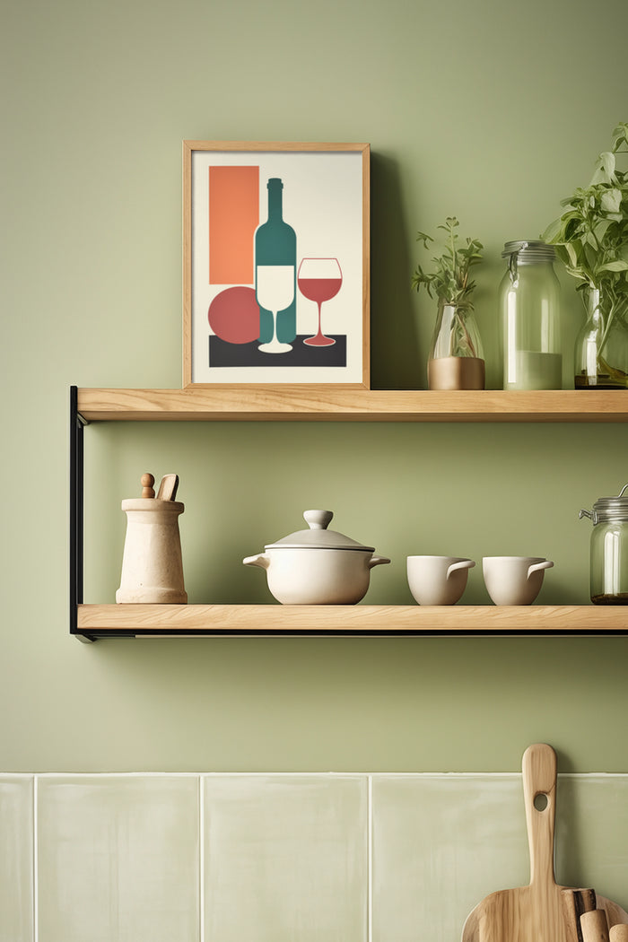 Modern kitchen interior with framed wall art featuring wine bottle and glasses illustration