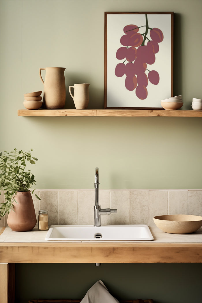 Stylish kitchen interior with grape motif poster on wall shelf