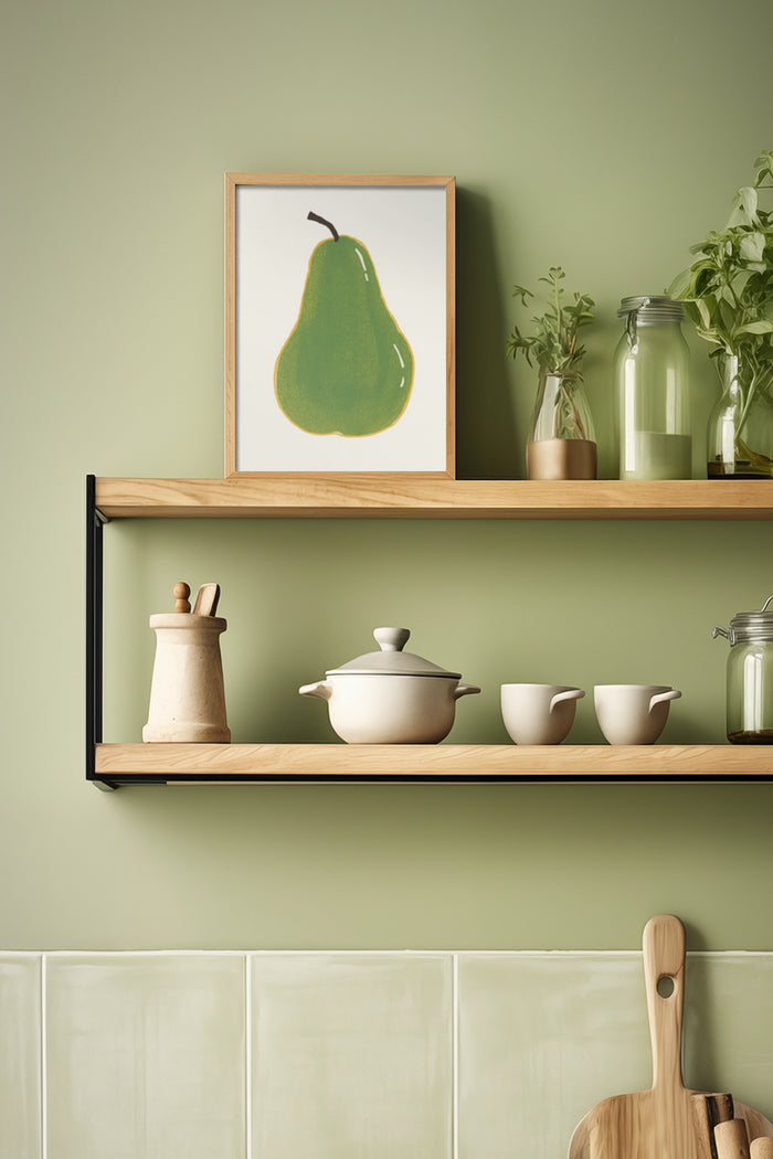 Stylish kitchen interior with green pear painting on wall shelf