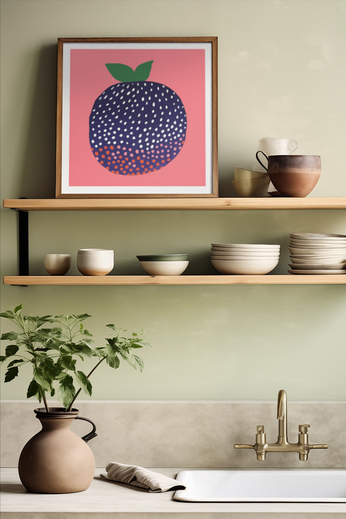 Contemporary kitchen interior with decorative fruit poster on shelf
