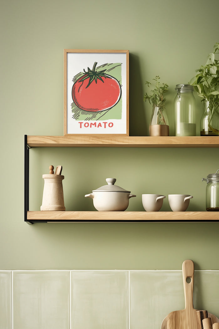 Stylish kitchen interior with framed tomato poster, wooden shelves, and minimalist ceramic tableware