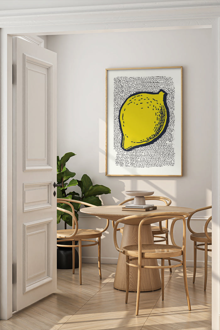 Contemporary yellow lemon painting hung in a modern dining room setting