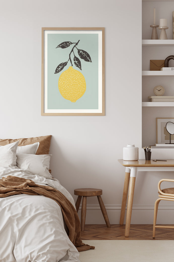 Contemporary lemon illustration poster in a bedroom setting