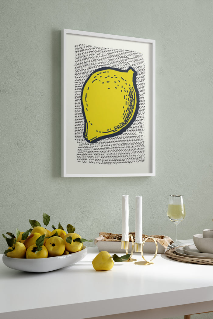 Contemporary yellow lemon print poster framed on dining room wall