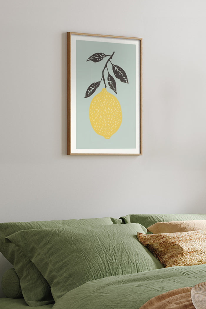 Modern framed poster of a lemon artwork in a bedroom setting