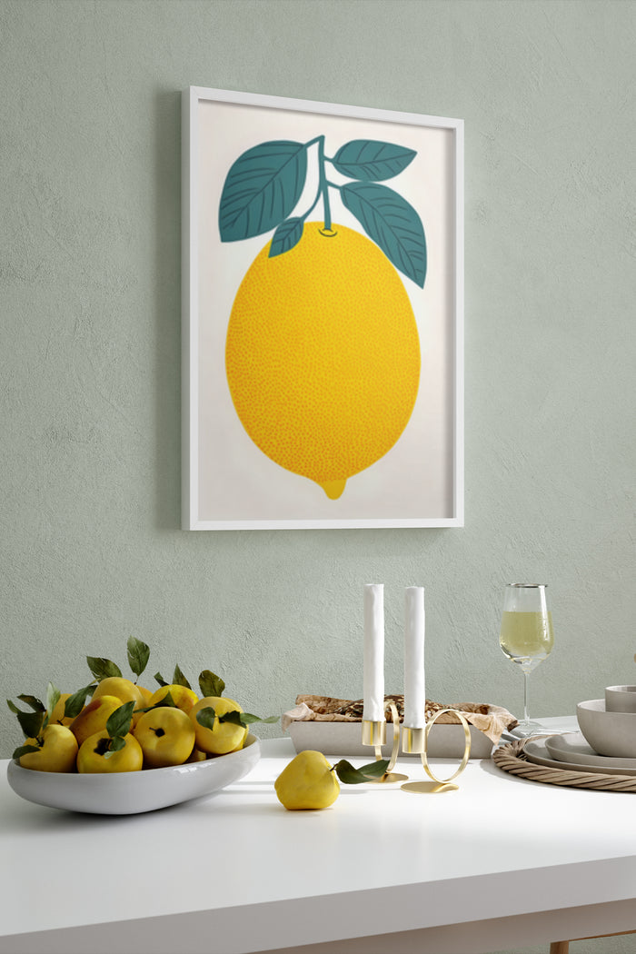 Stylish lemon illustration poster on wall above dining table with fruit bowl and candles