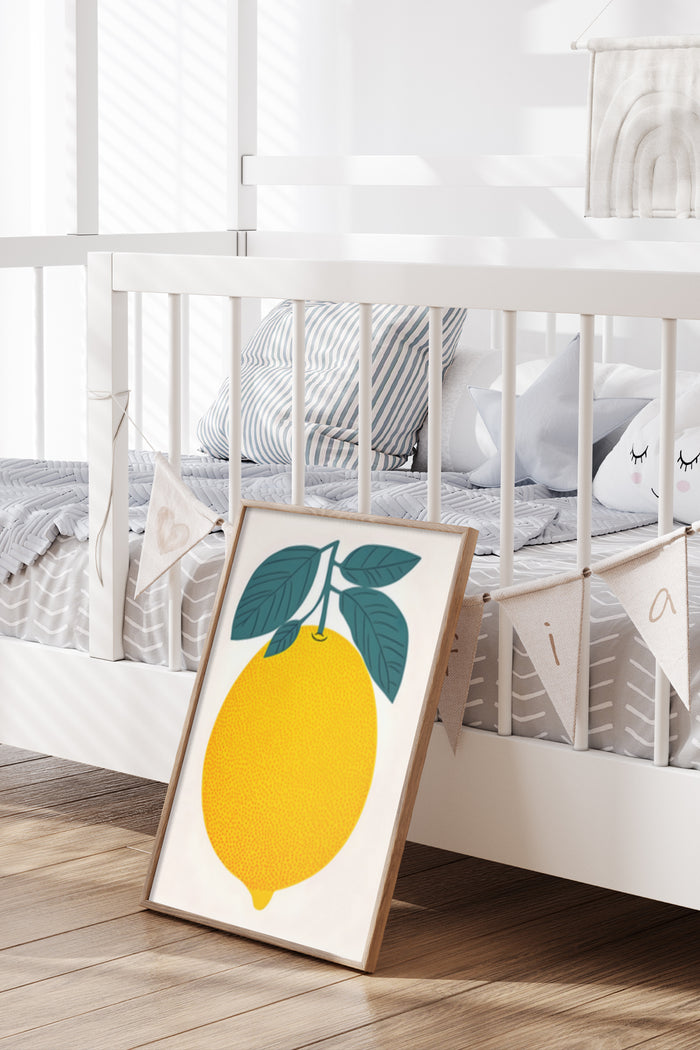 Contemporary lemon illustration poster leaning against a baby crib in a bright nursery interior
