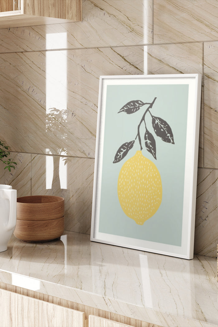 Contemporary lemon illustration poster hanging in a stylish interior
