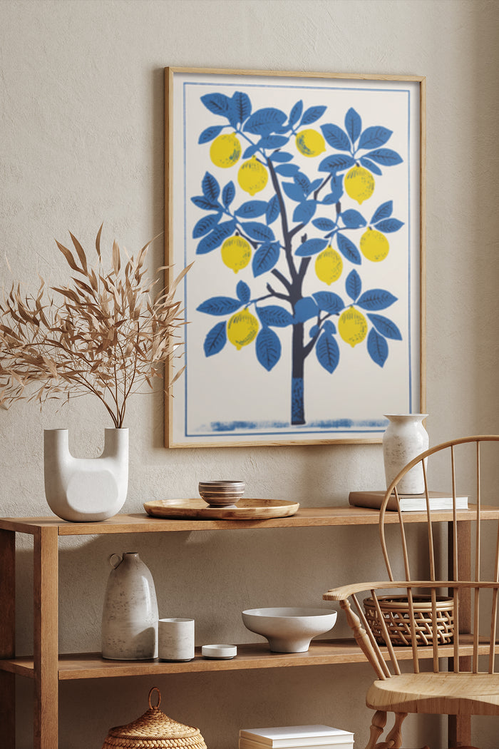 Stylish poster featuring a modern lemon tree design displayed in a contemporary living room setting