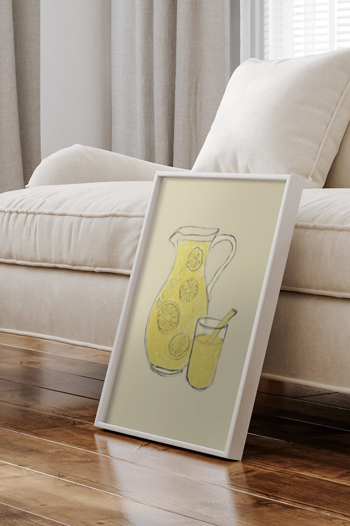 Stylish lemonade pitcher and glass illustration poster in contemporary home setting