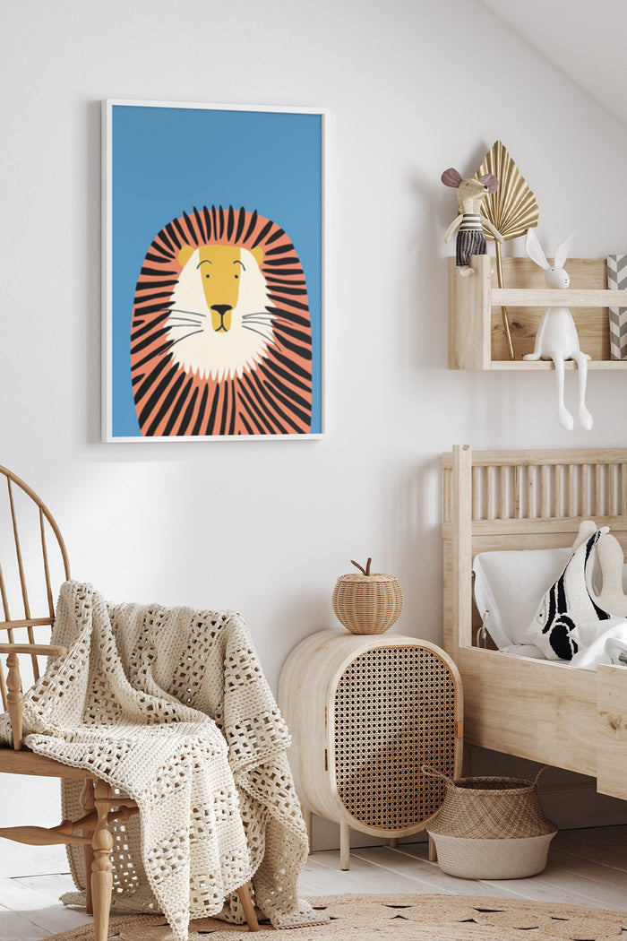 Modern geometric lion illustration poster in a contemporary nursery setting