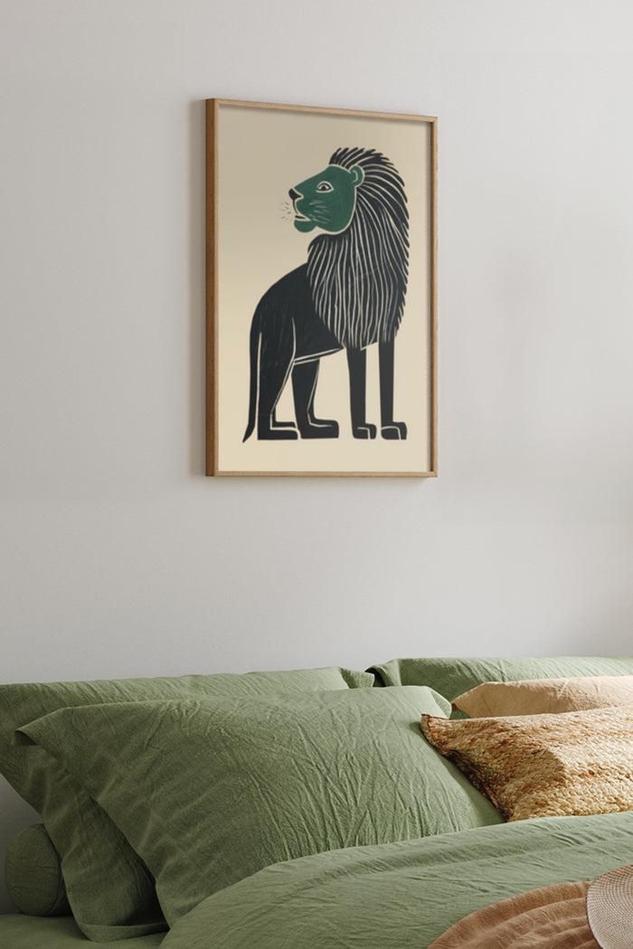 Stylized black and green lion illustration on a beige poster in a modern bedroom setting