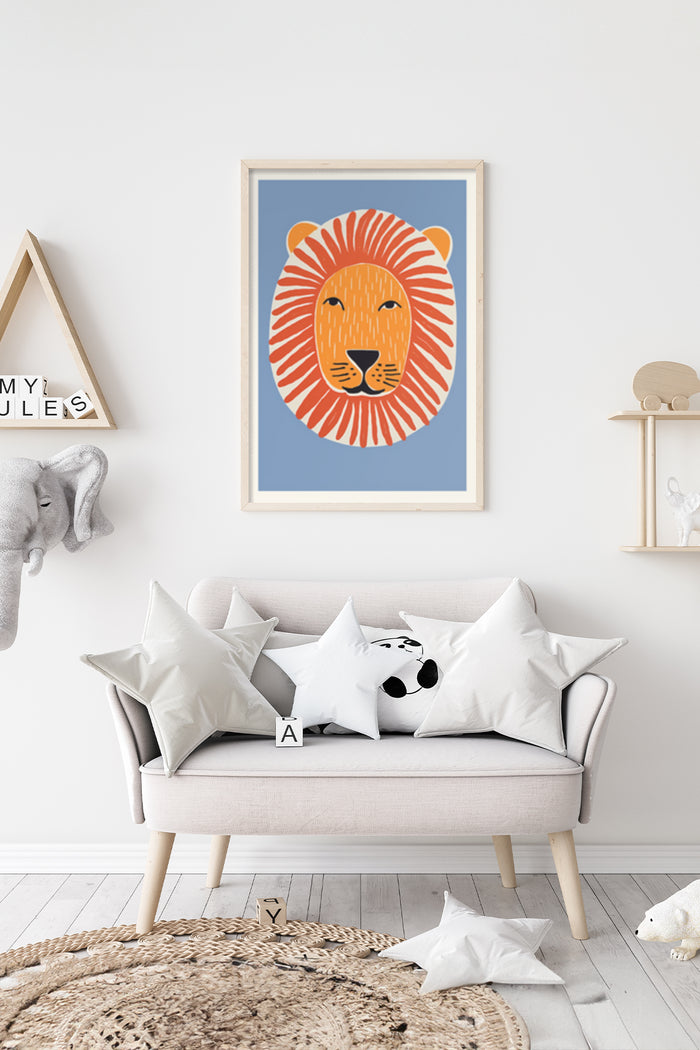 Stylish modern lion illustration artwork on poster in a cozy room decor with plush toys and a sofa with star pillows