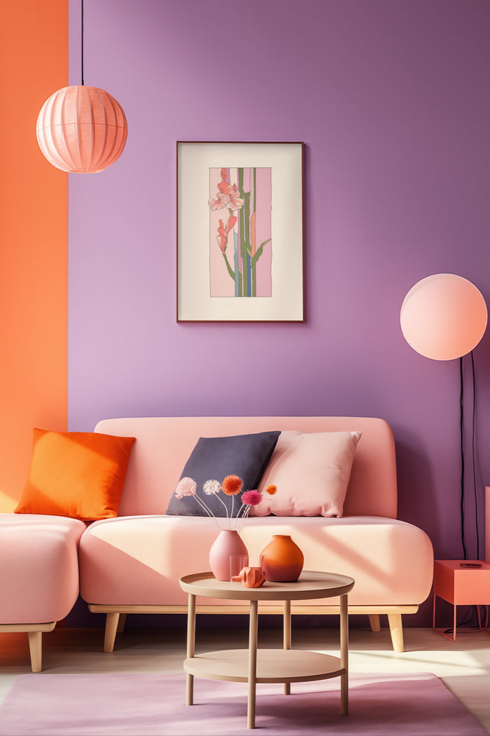 Modern living room with vibrant purple wall and pink sofa featuring abstract botanical artwork