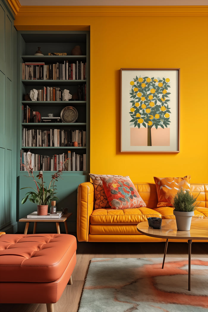 Stylish interior design of living room with yellow accents, abstract tree poster and contemporary furniture