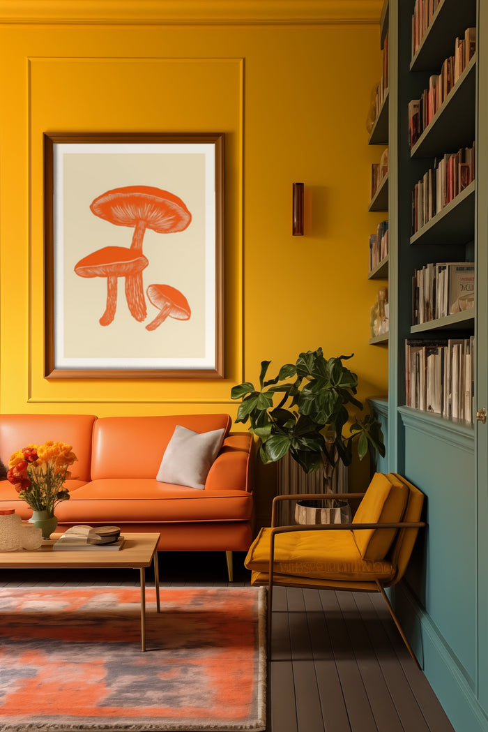Stylish modern living room with vibrant orange sofa and mushroom artwork poster