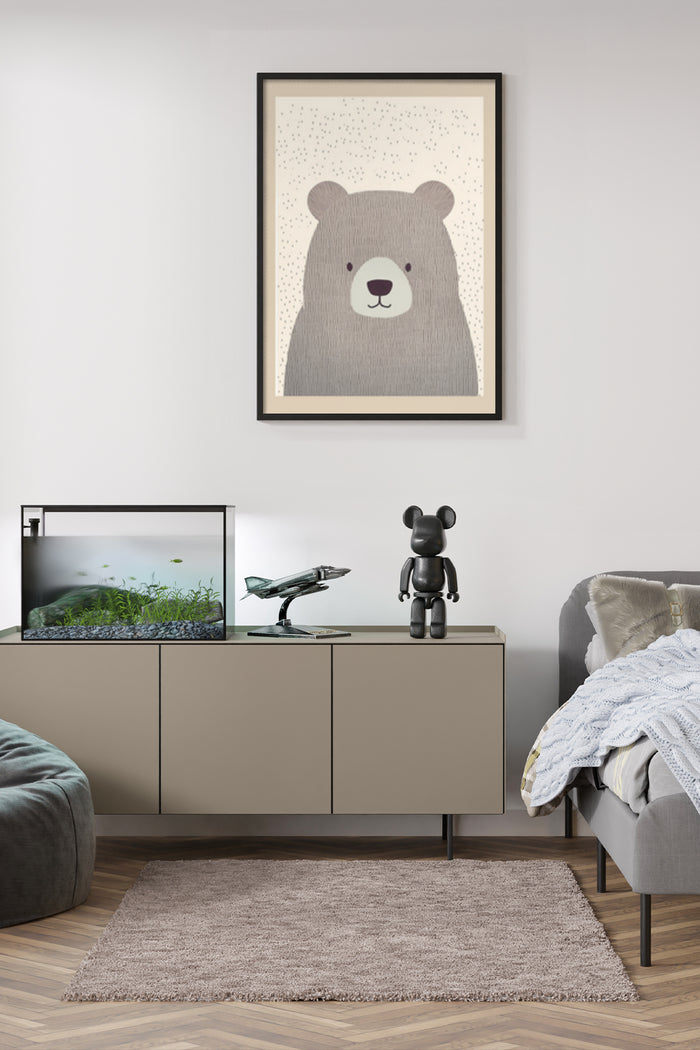 Contemporary living room interior featuring a framed poster of a cute bear on the wall