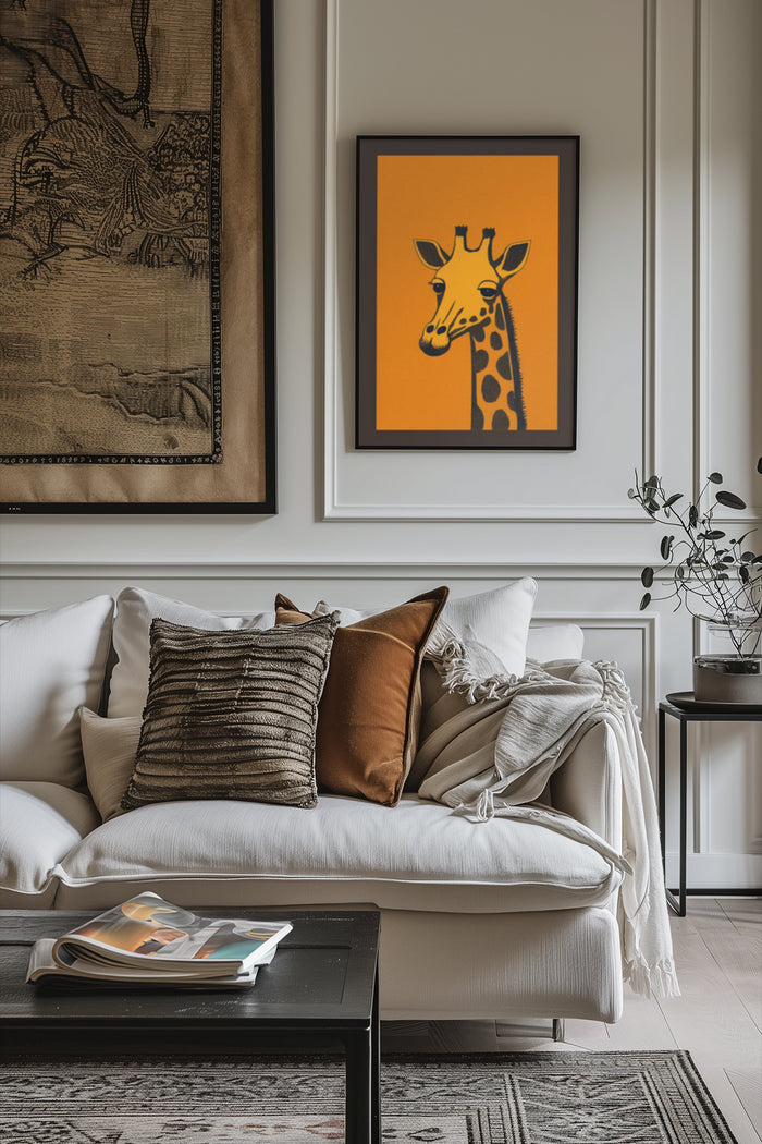 Elegant modern living room interior design featuring a vibrant orange giraffe artwork on the wall