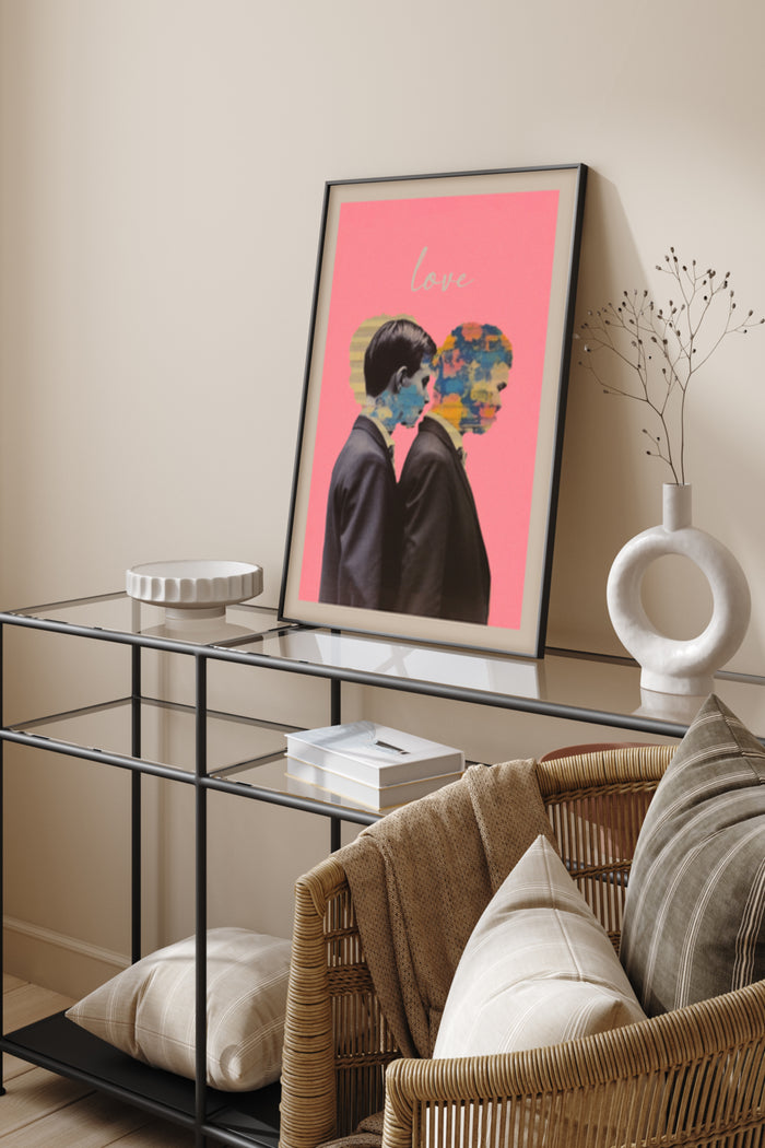 Modern love-themed art poster featuring silhouettes and colorful world map in a stylish home interior
