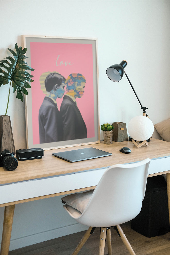 Modern Love Poster with Couple Silhouette and World Map Artwork in a Stylish Home Office