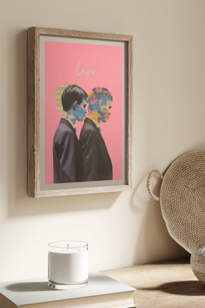 Contemporary love themed poster featuring two profiles with colorful map silhouettes on pink background in wooden frame
