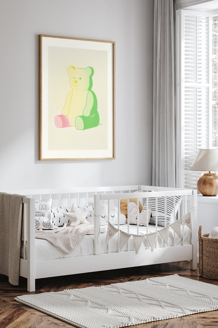 Modern minimalist bear artwork in a contemporary nursery room setting
