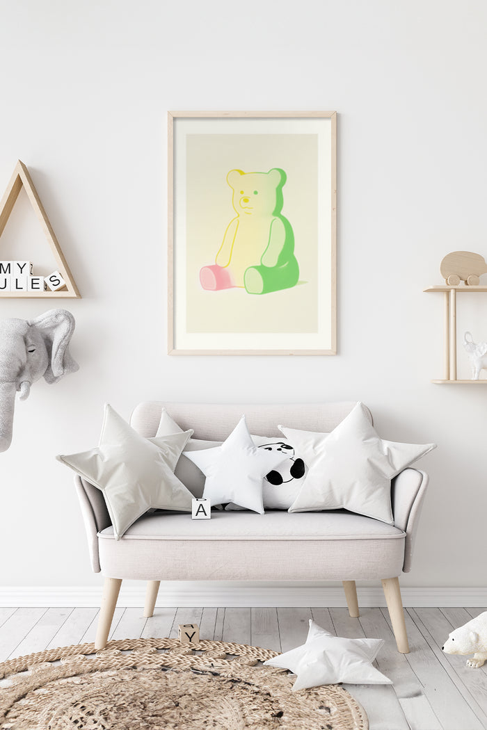 Modern minimalist pastel bear poster framed in a cozy nursery room with stylish decor