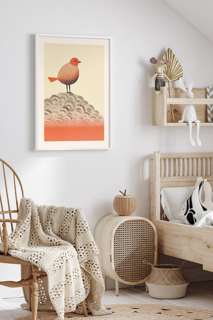 Stylish minimalist bird illustration print in a cozy living room decor
