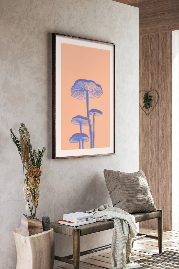 Stylish interior design with modern minimalist mushroom artwork in frame on wall