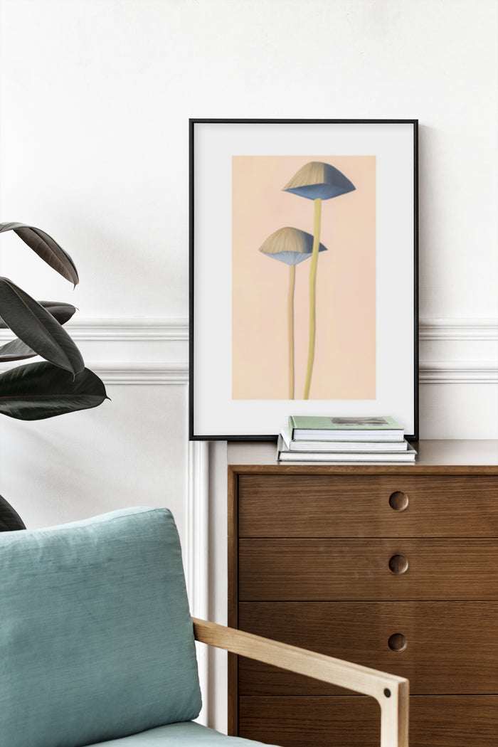 Contemporary minimalist botanical artwork with abstract mushrooms in a framed poster