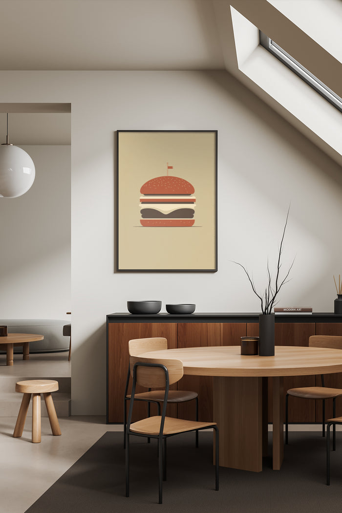 Minimalist burger poster on wall in stylish dining room interior