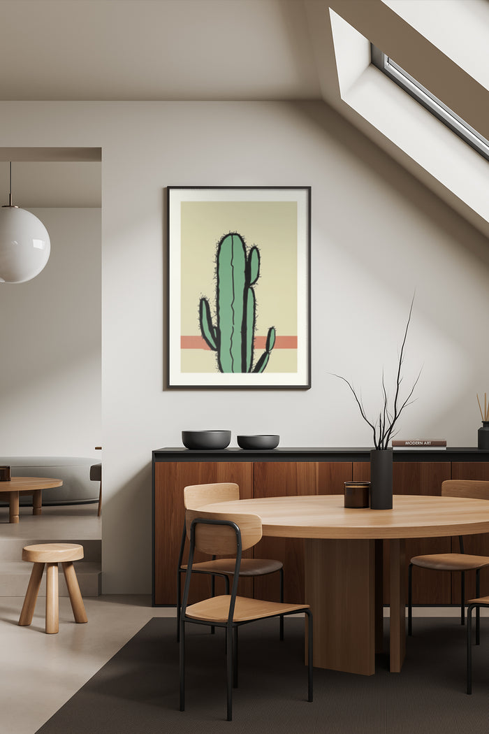 Stylish minimalist cactus poster framed on wall in contemporary dining room interior design