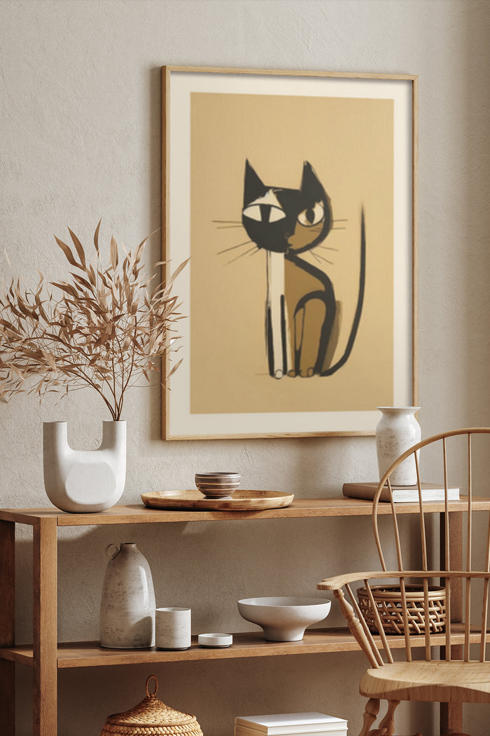 Modern minimalist black cat artwork in a stylish interior setting