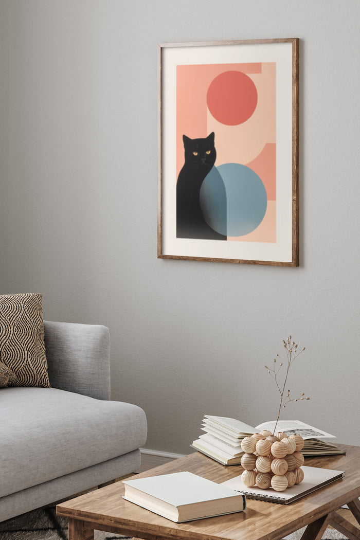 Contemporary minimalist cat illustration poster in home decor setting