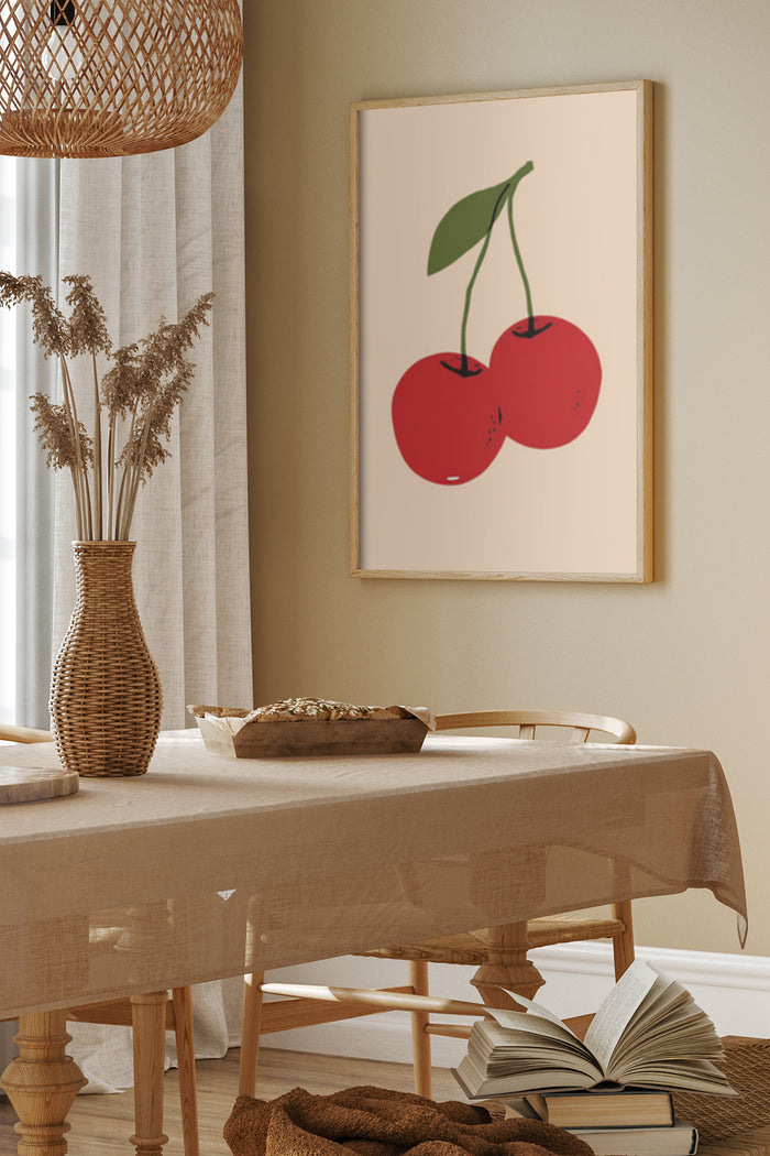 Stylish minimalist red cherry illustration artwork poster in a dining room setting