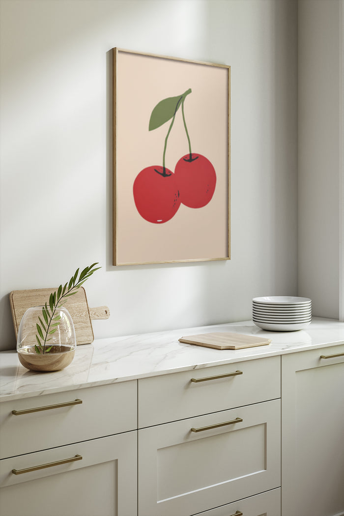 Modern minimalist red cherry artwork in a poster frame, displayed in a kitchen setting