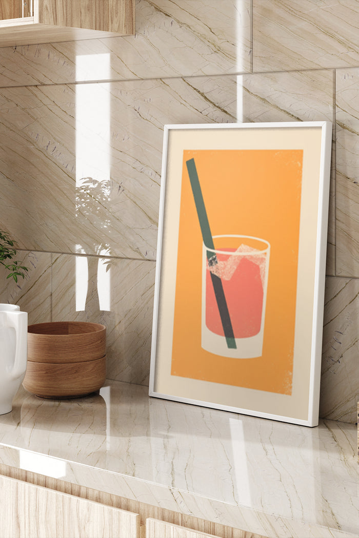 Modern minimalist cocktail poster featuring a refreshing drink in a glass with ice and straw on orange background